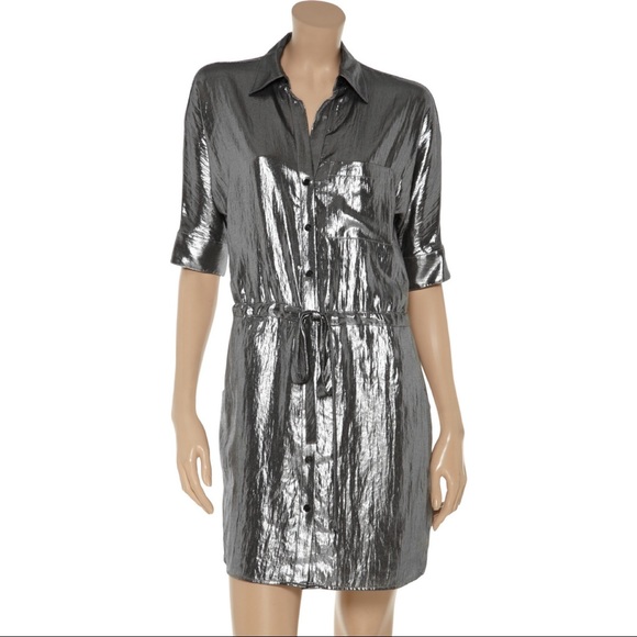BCBGMaxAzria Silver Gunmetal Metallic Belt Tie Cinched Button Down Dress - Picture 11 of 14